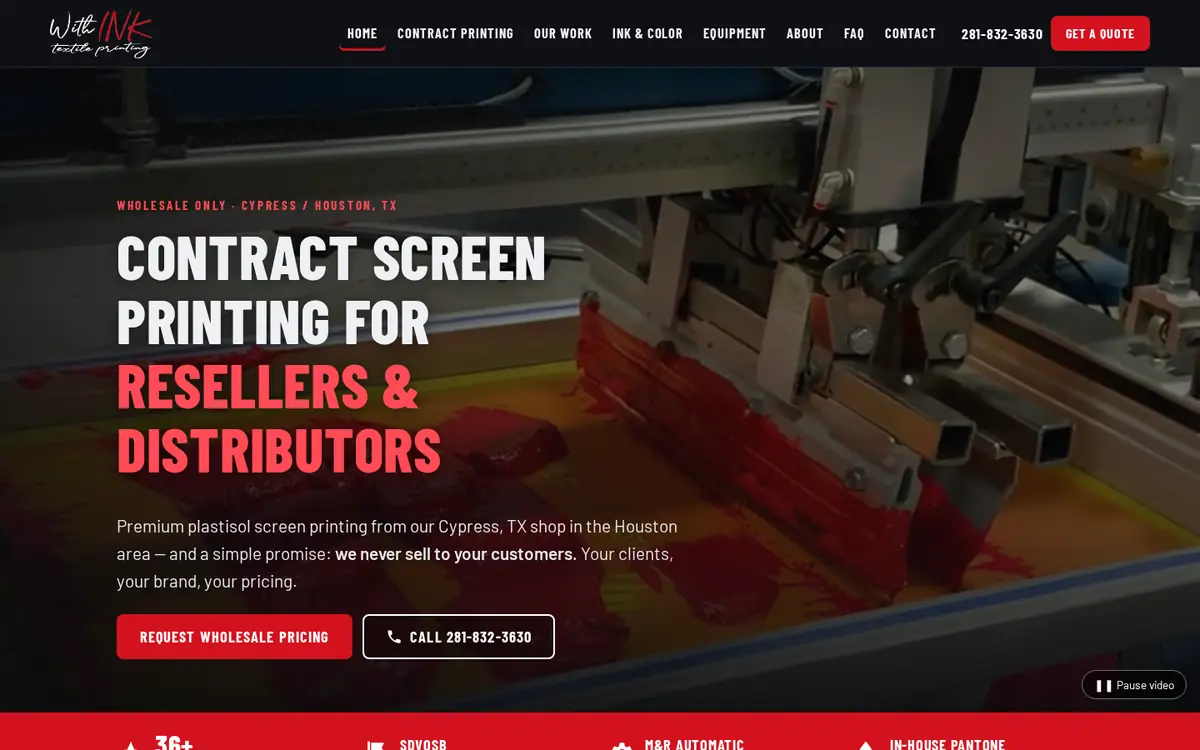 After: the rebuilt With Ink Textile Printing home page with the headline Contract screen printing for resellers and distributors, a red Request Wholesale Pricing button and a Call button.